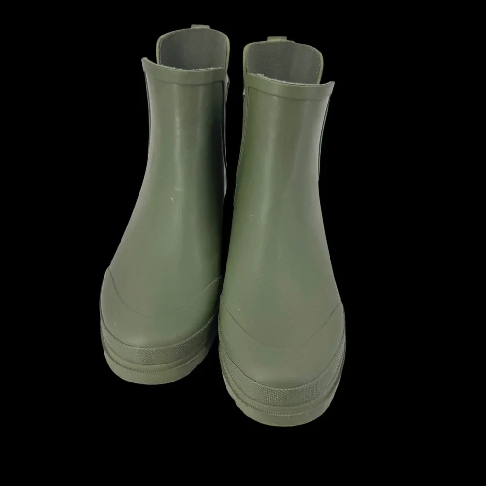 J.Crew Womens Chelsea Rain Boots Olive Green Rubber Ankle Boot / Bootie Lug Sole